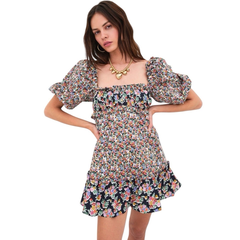 For Love & Lemons Hudson Floral Puff Sleeve Mini Dress Sz M